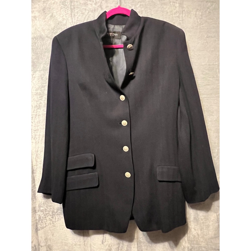 Ellen Tracy Company Black Blazer Jacket Size 14 Wool Blend‎ Gold Button Career
